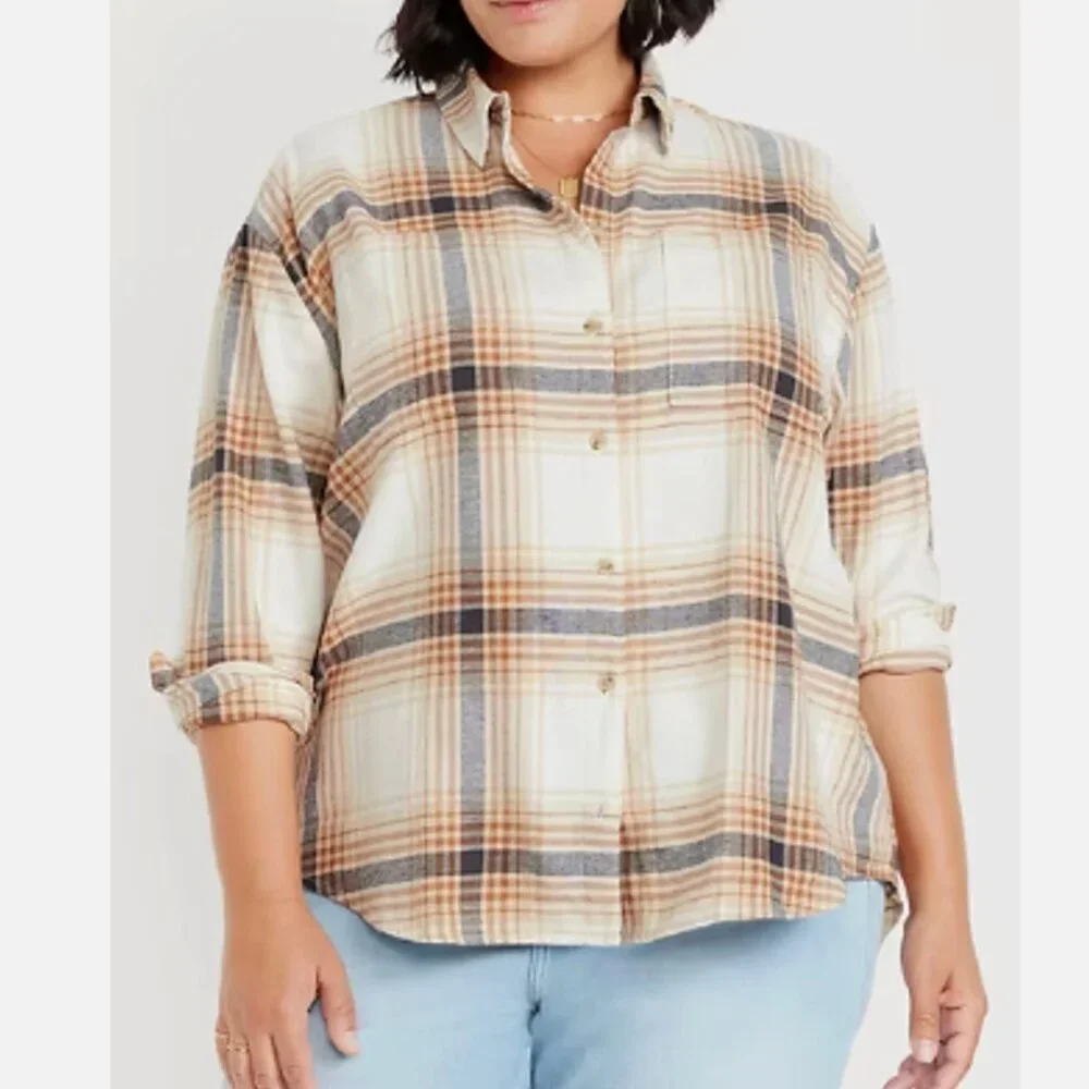 OLD NAVY - Relaxed Fit Boyfriend Shirt Flannel Tan Brown Size Large NWOT - Picture 5 of 6